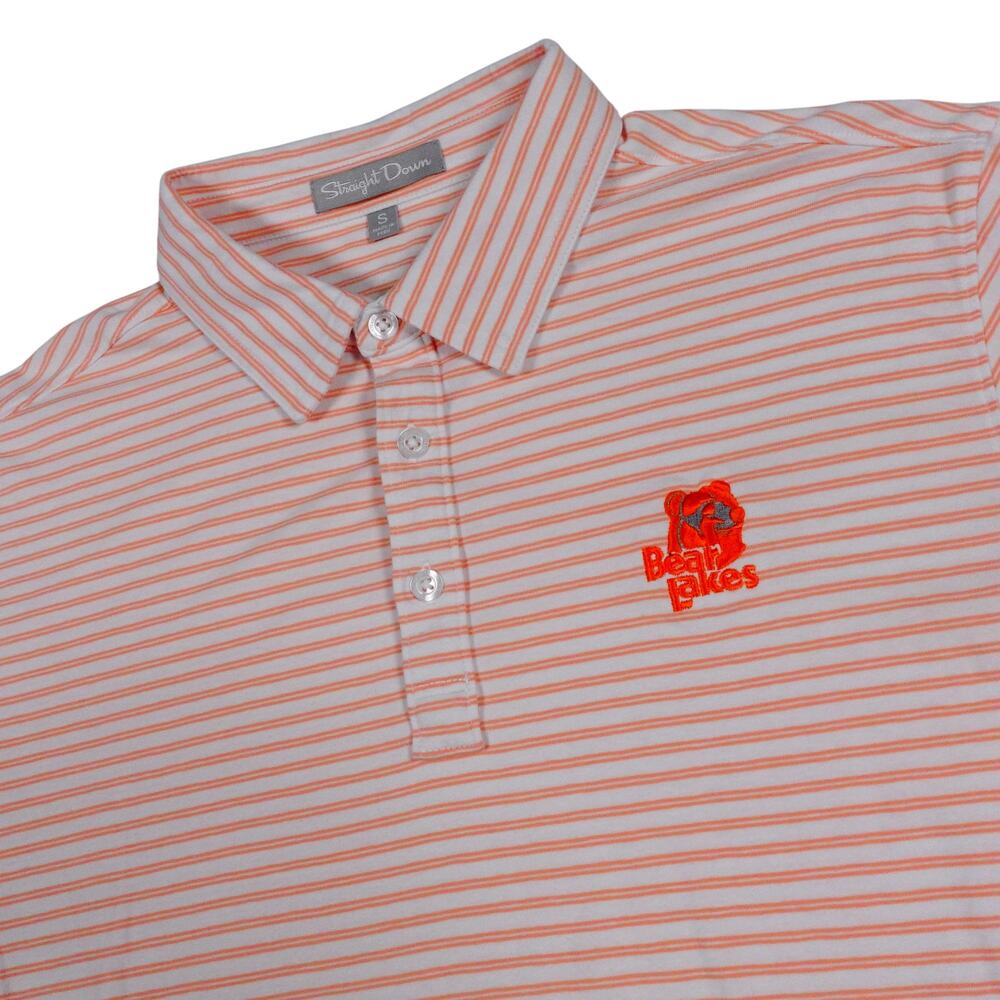 Straight Down Bear Lakes Performance Orange Striped Golf Polo Shirt Men's Small